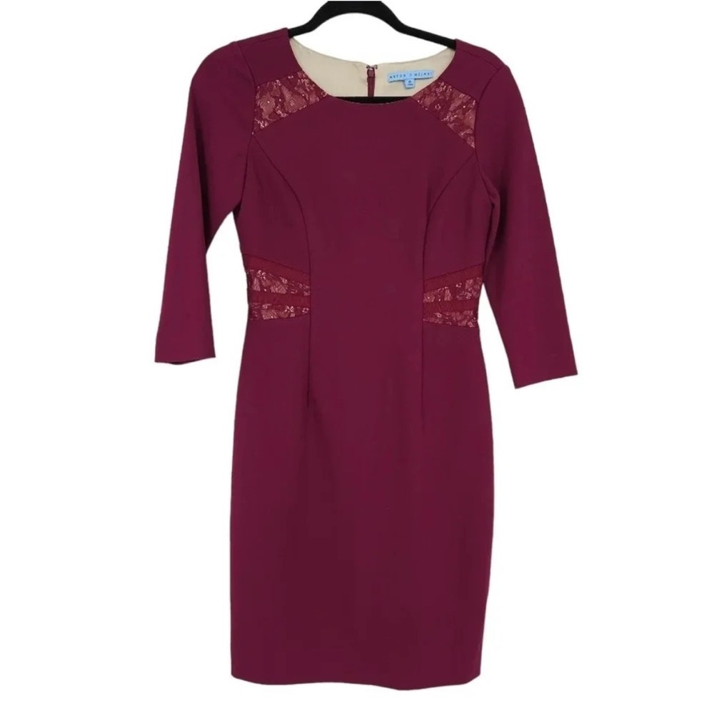 Antonio Melani Burgundy 3/4 Sleeve Lace Sheath Dress Knee Length